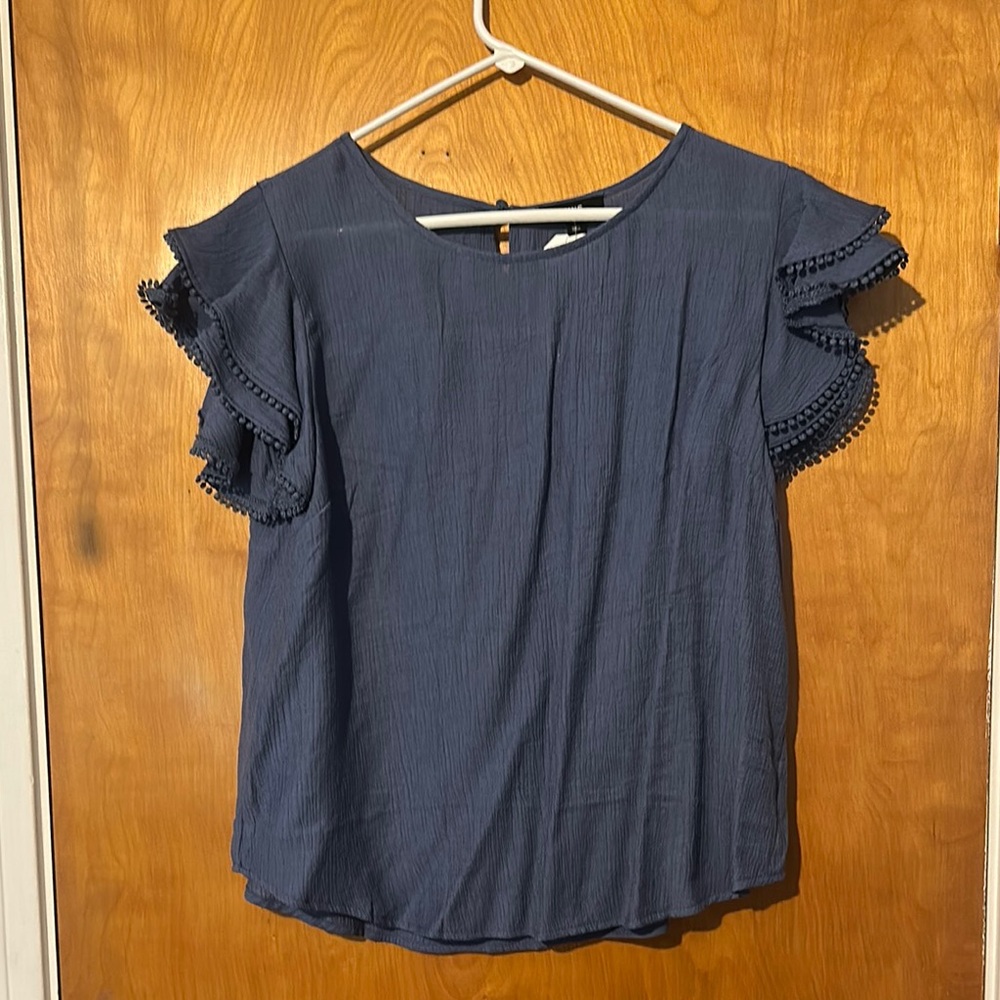 Mine Blue Flutter Sleeve Ruffled Blouse